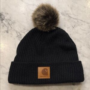 Carhartt Black Knit Beanie with Brown Faux Fur Pom